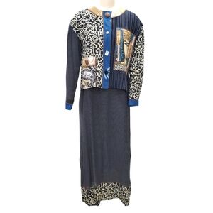 Faith 2-piece maxi dress jacket women's XS black tan art wear beads mixed media